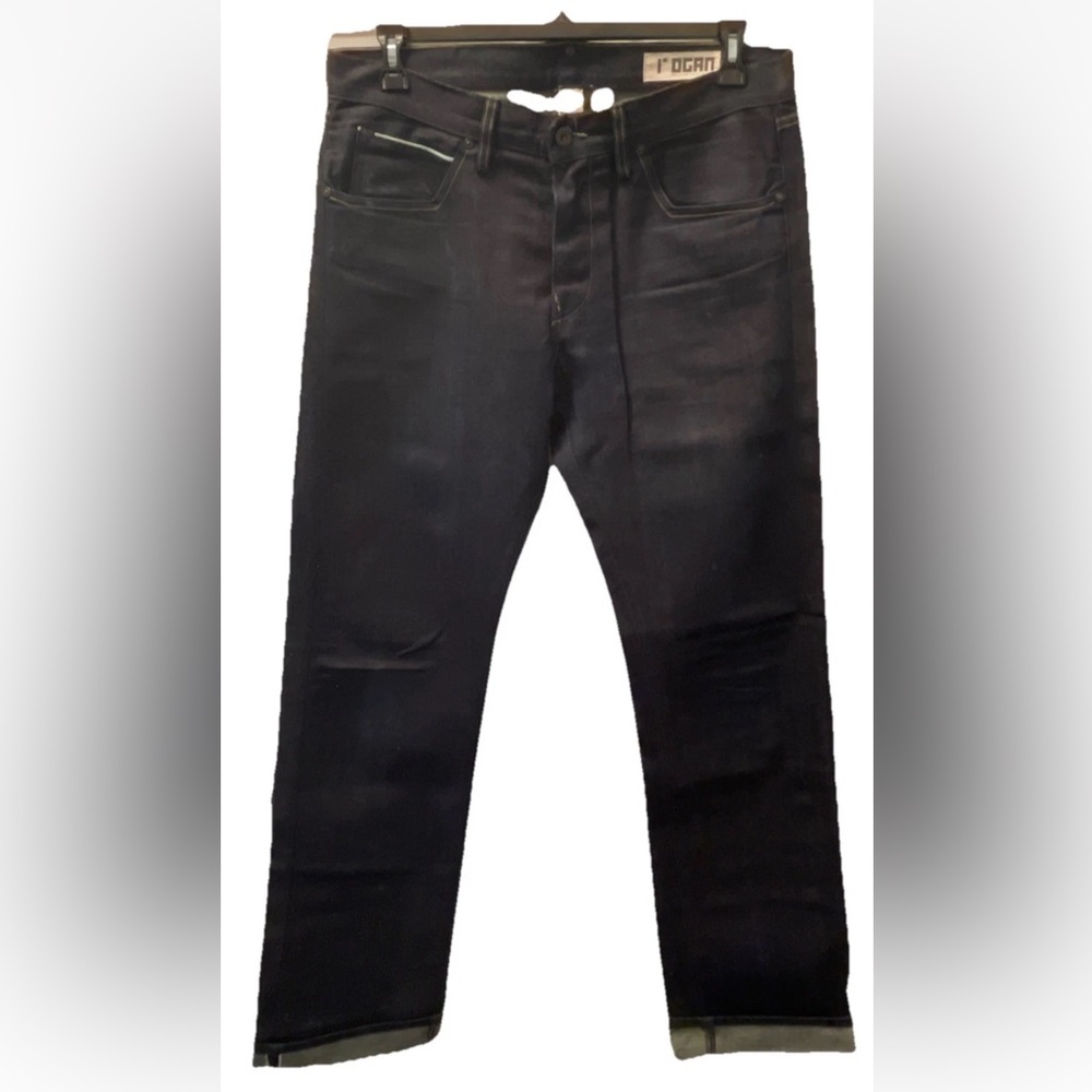 Rogan Piston Straight Blue Jeans Denim Dark Wash Button Fly Mens Size 34x33.5